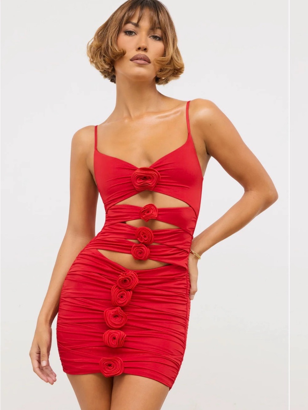 Oh Polly Red Cutout Rose-Embellished Bodycon Dress